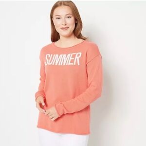 Belle by Kim Gravel Coral Crewneck Sweater with WHITE "SUMMER" Text